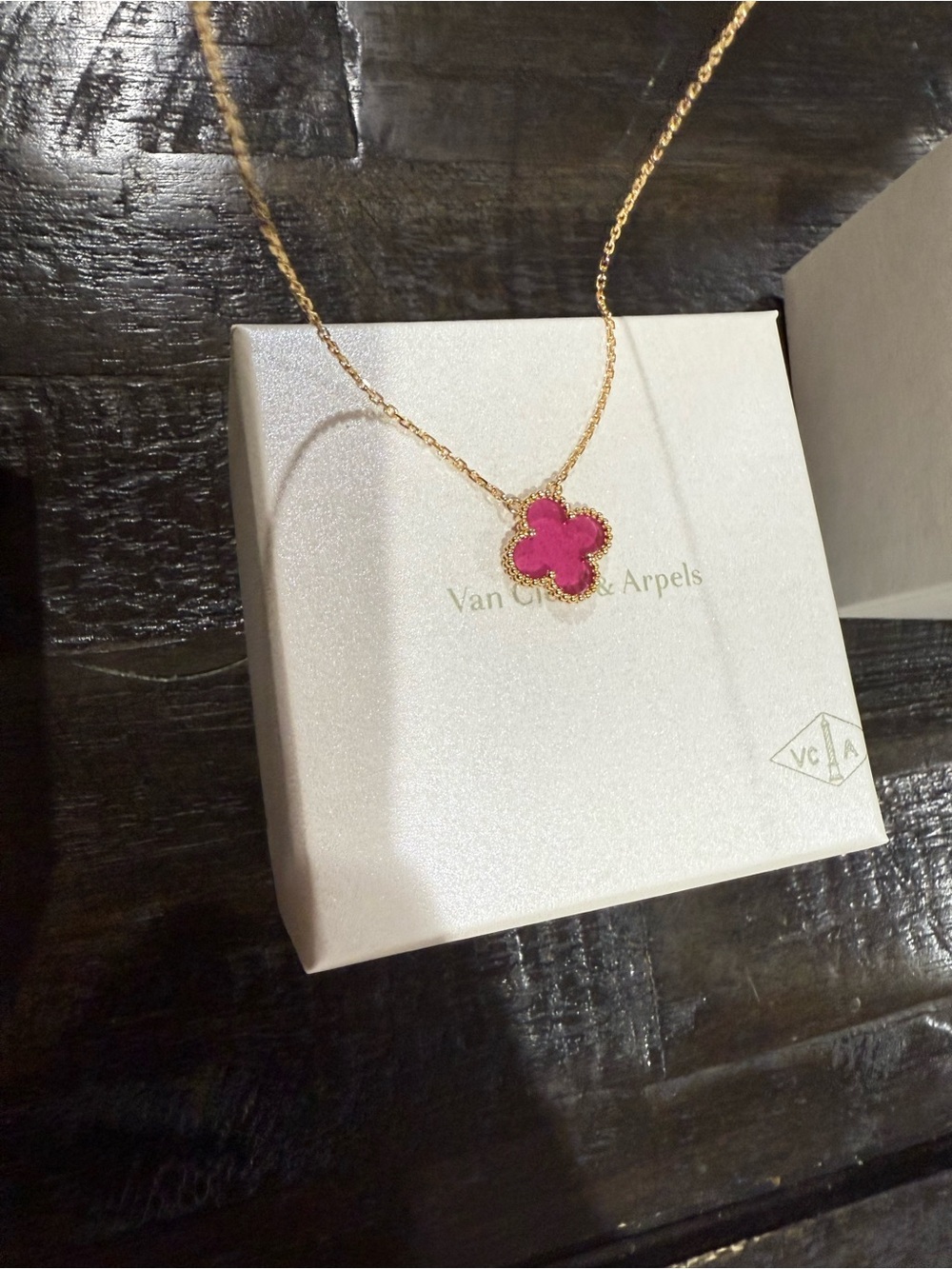 Van Cleef & Arpels Gold Chain Necklace with Single Pink Alhambra Motif